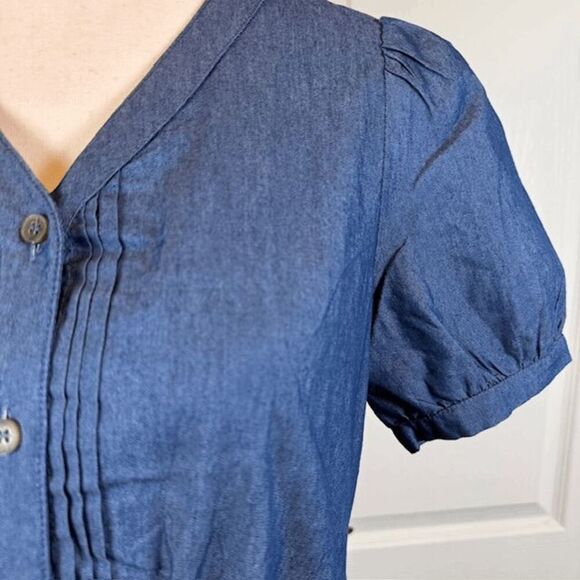 Allegra K Chambray Mini Dress Short Puff Sleeve Pintucks Button Front Size Small - Picture 3 of 11